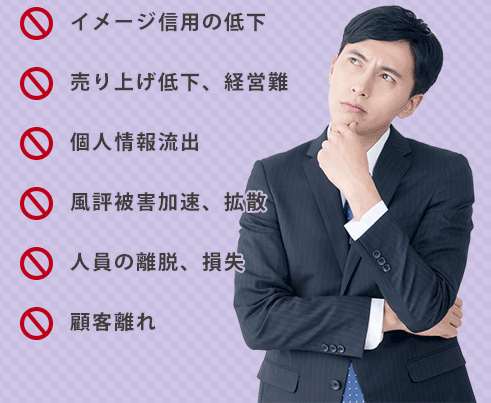イメージ信用の低下、売り上げ低下、経営難、個人情報流出、風評被害加速・拡散、人員の離脱・損失、顧客離れ