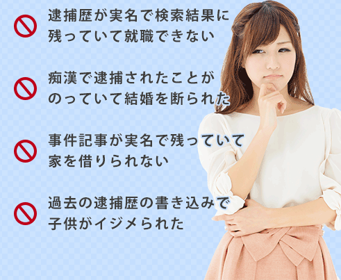 逮捕歴が実名で検索結果に残っていて就職できない、痴漢で逮捕されたことがのっていて結婚を断られた、事件記事が実名で残っていて家を借りられない、過去の逮捕歴の書き込みで子供がイジメられた