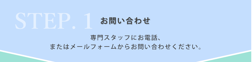 STEP1.お問い合わせ 専門スタッフにお電話、またはメールフォームからお問い合わせください。